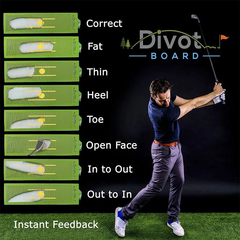 Divot Board showing correct and incorrect divot patterns as a golf training aid for instant swing feedback