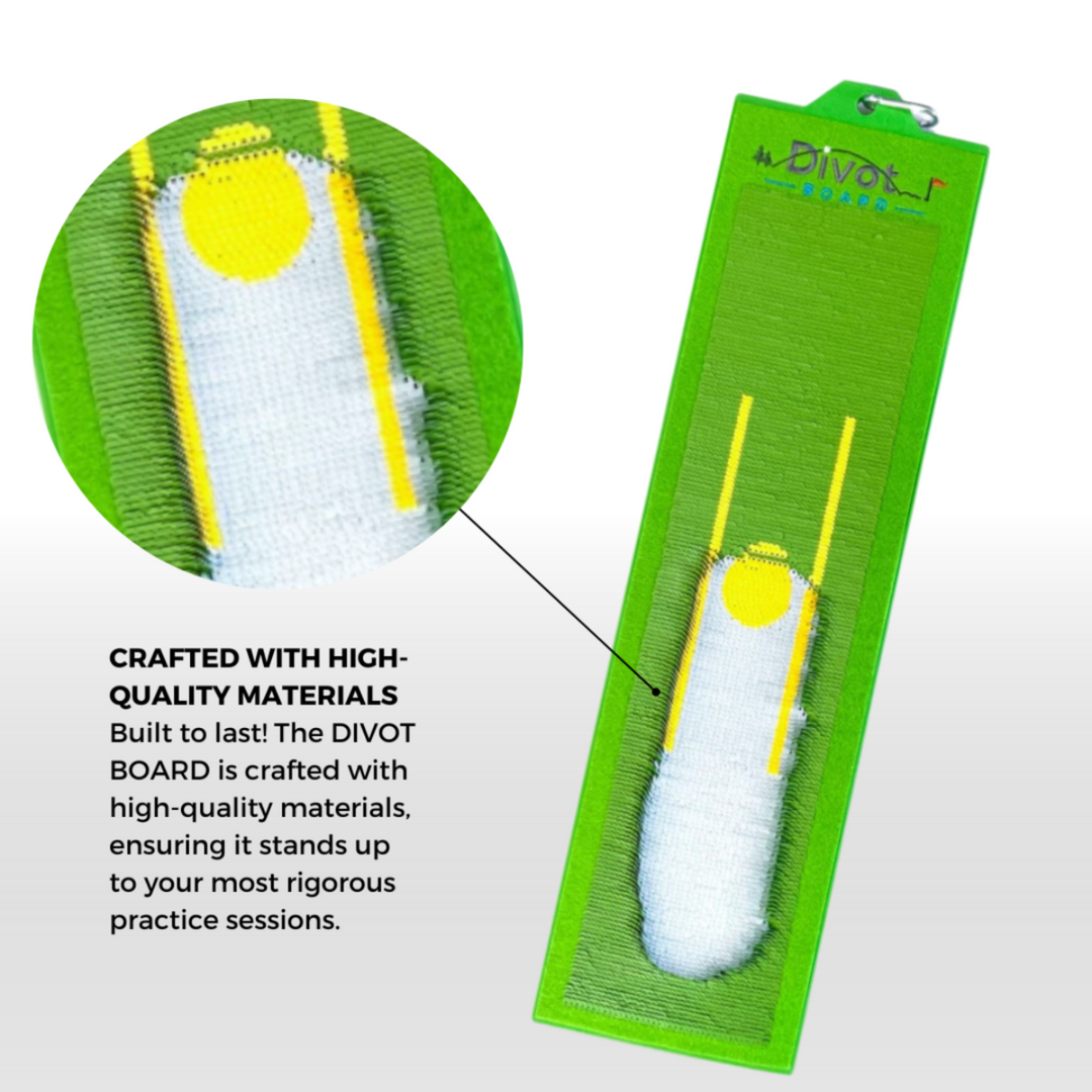 Golf divot training aid with green base and white sequins on a white background, featuring text about material quality.